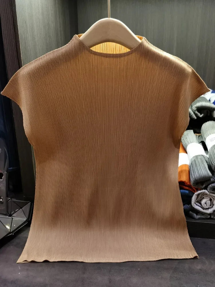 YUDXCN Women Pleated Top with Stand Up Collar