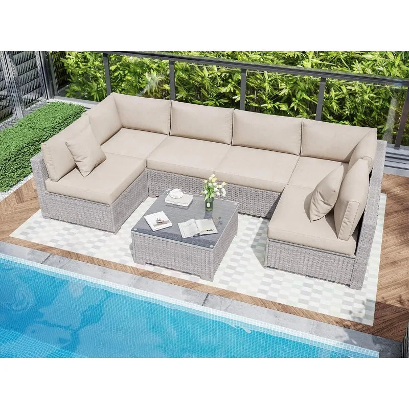 KIGOTY Patio Furniture Set 7 Pieces Outdoor Sectional Sofa All Weather PE Rattan Modular Sofa
