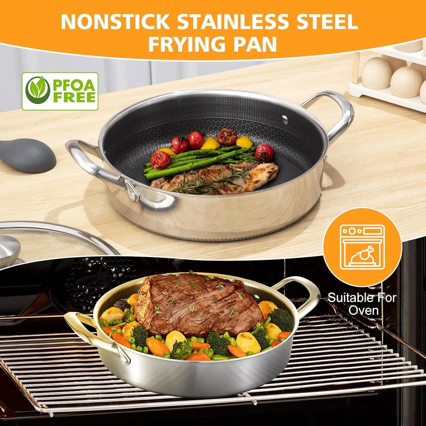 Stainless Steel Nonstick Sauté Pan with Lid for Healthy Cooking