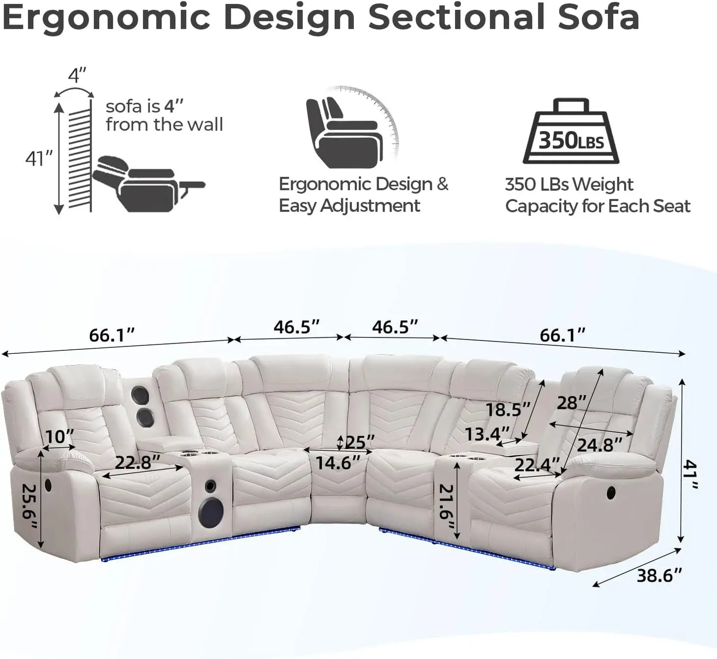 Todrani Power Recliner Sectional Sofa Bass Speakers Led