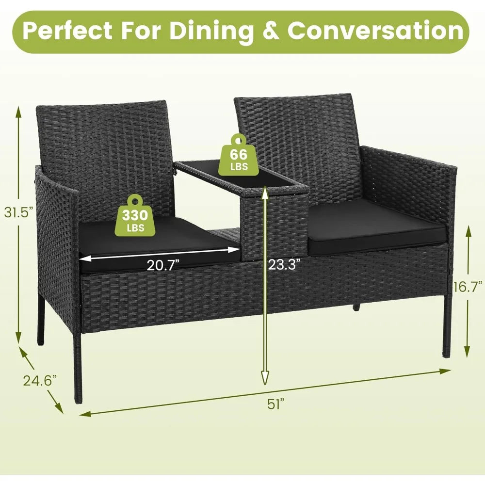 2 Seat Patio Conversation Set Outdoor Rattan Loveseat with Table Washable Cushion Covers Garden Furniture Sets