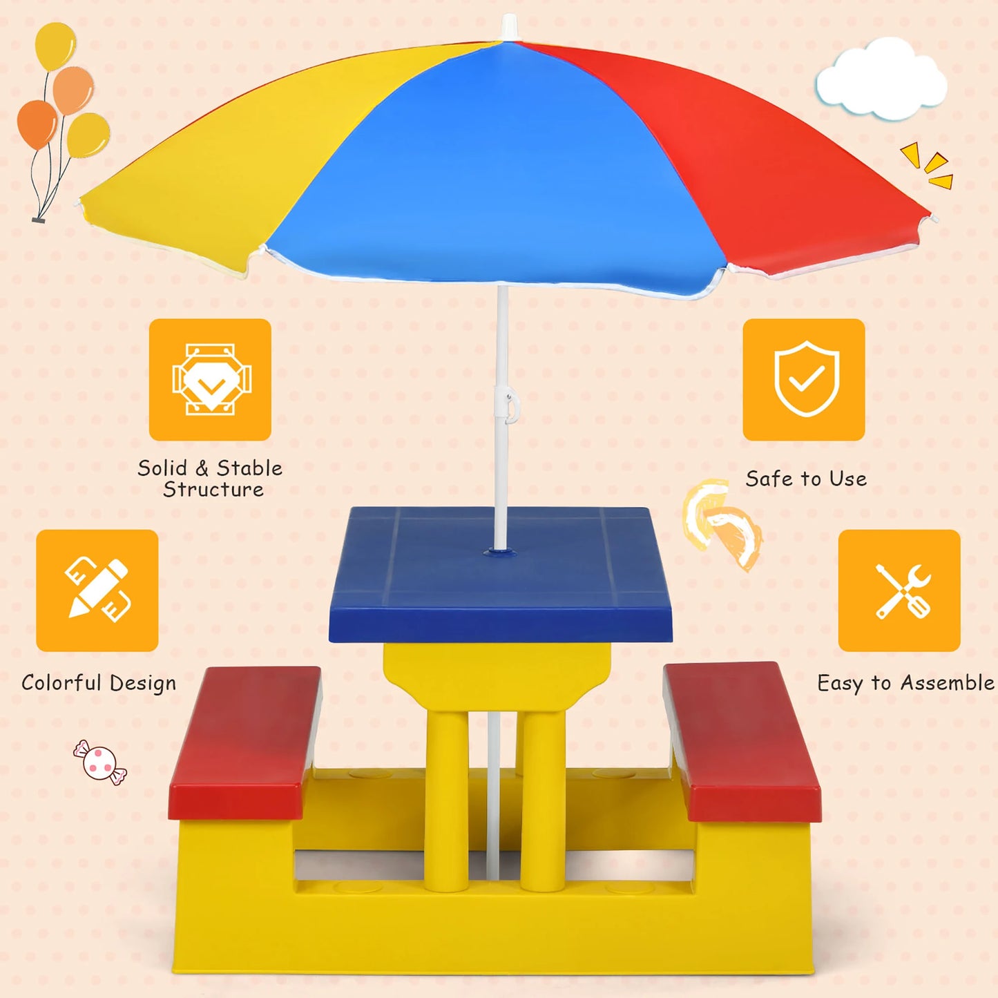 Kids Picnic Table Set With Removable Umbrella For Outdoor Fun