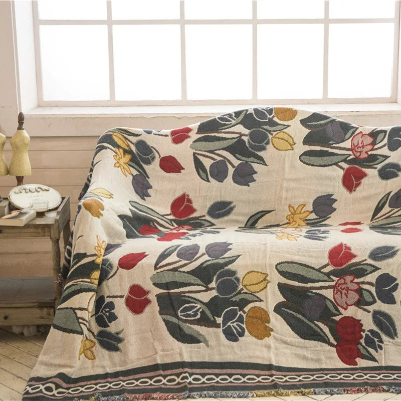 Tulip Flowers Vintage Throw Blanket Sofa Cover Knitted Bedspread Floral European Style Outdoor Camping Travel Cobija
