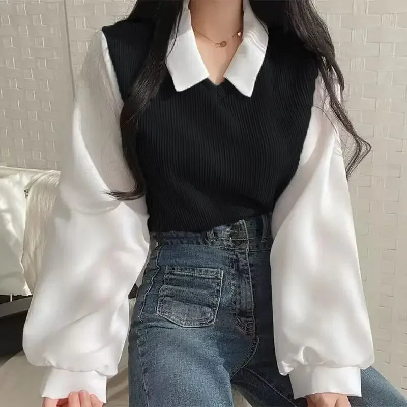 CN False Two Piece Polo Collar Women Blouse Spring Casual