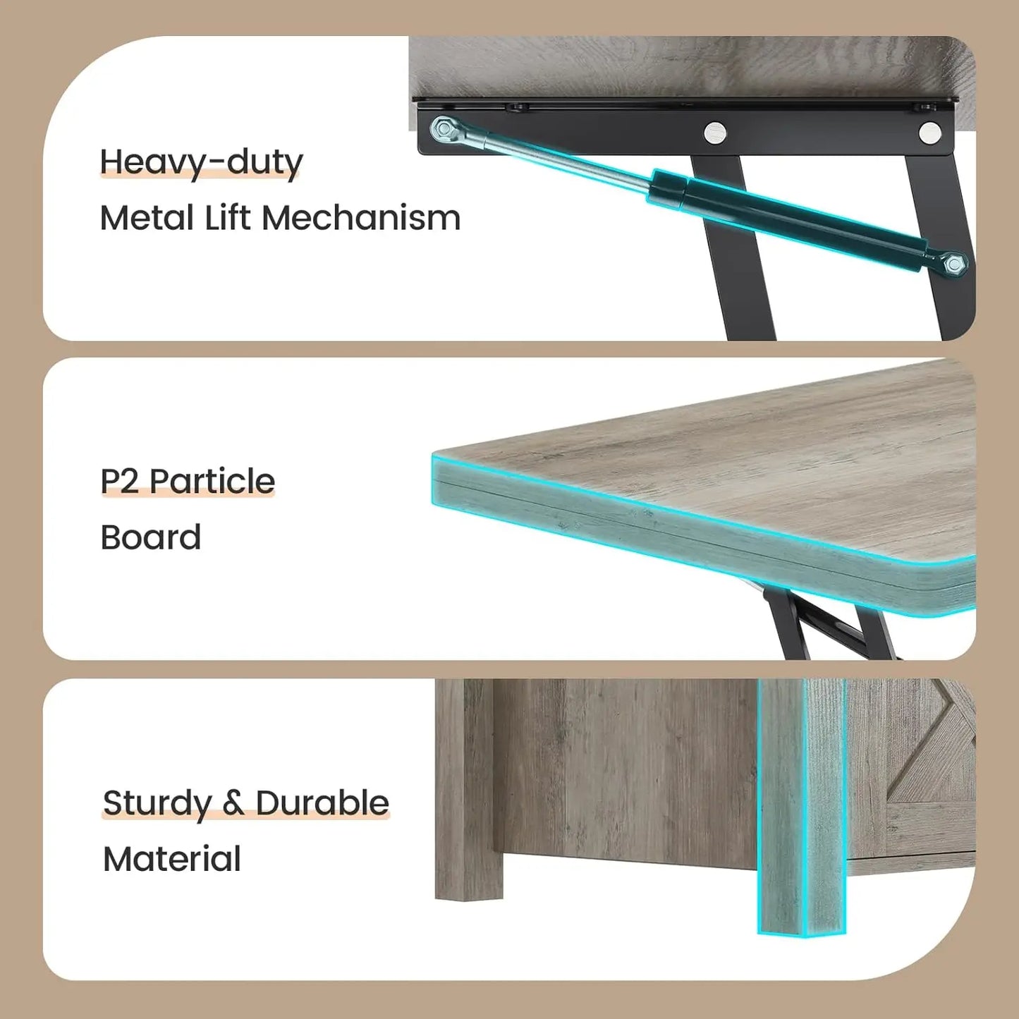 Lift Top Coffee Table 4 in 1 Multi Function Convertible Coffee Tables with Storage and Hidden Compartment Farmhouse Design