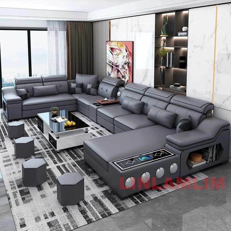 Modern Sectional Sofa Set with Bluetooth Speakers and USB Ports