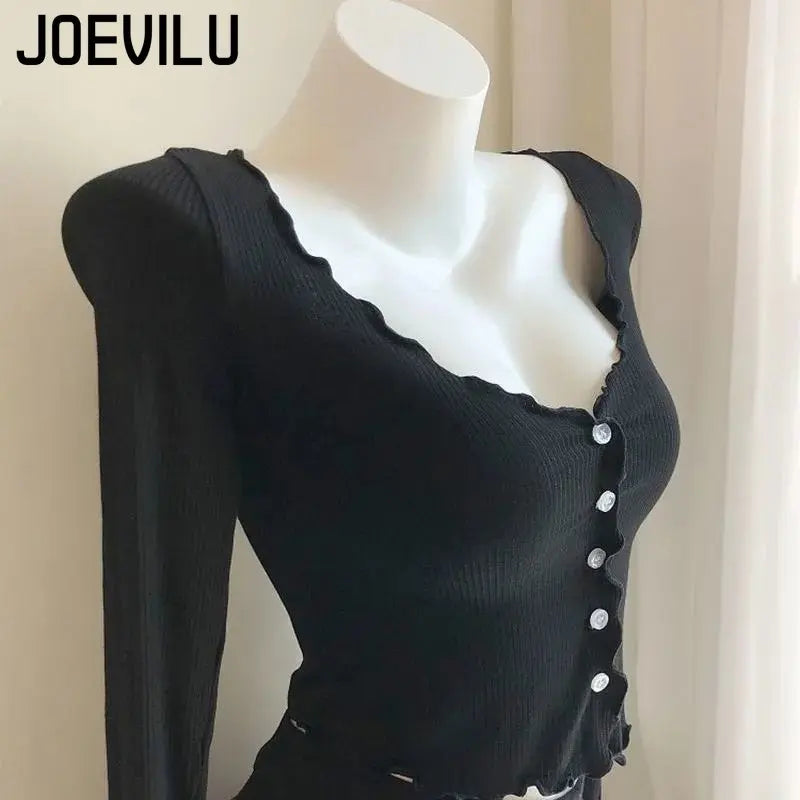 JOEVILUCN Slim Knit Shirt Crop Top Cardigan V Neck Ladies