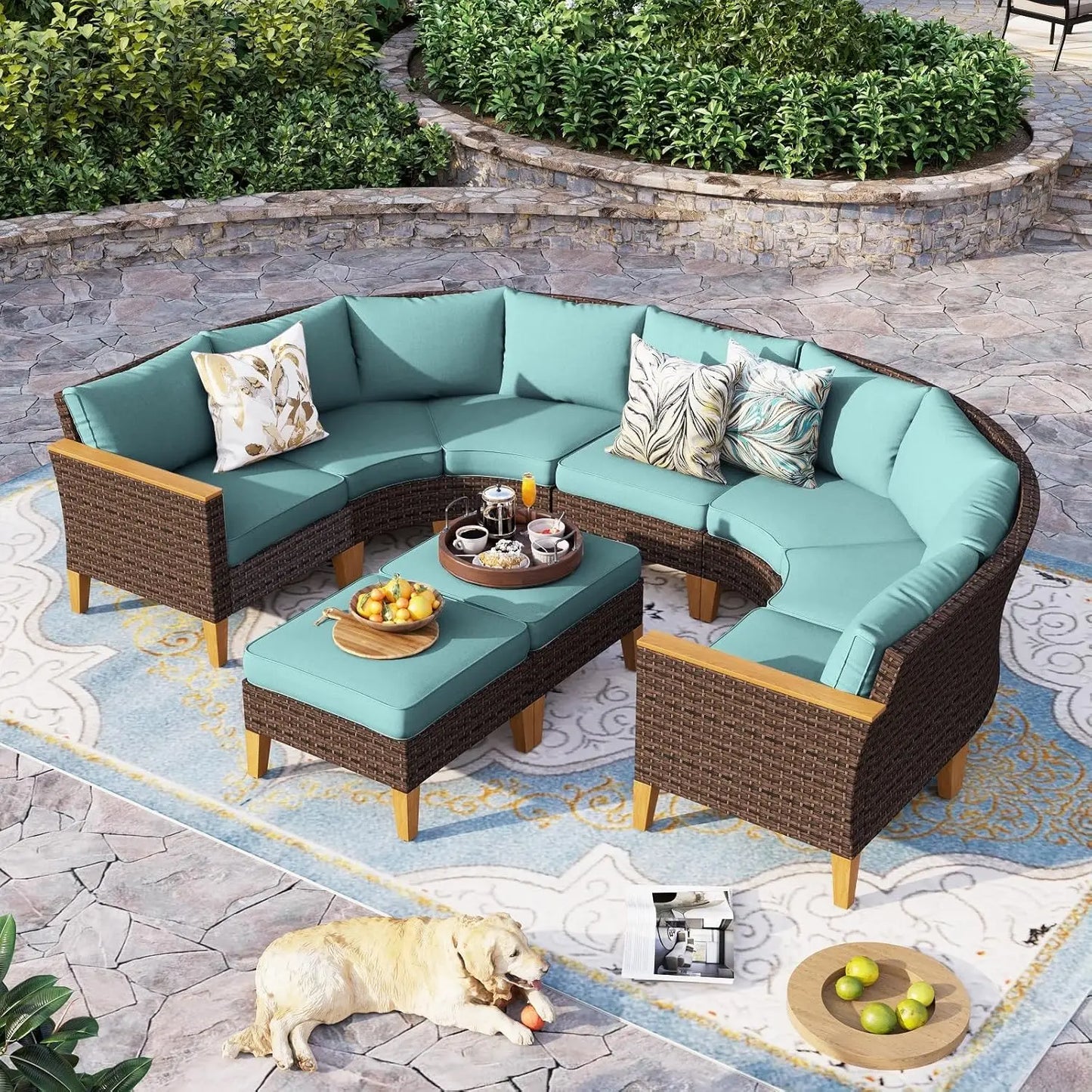 12 Piece Curved Outdoor Sectional Sofa Set Rattan Patio Conversation Set Beige