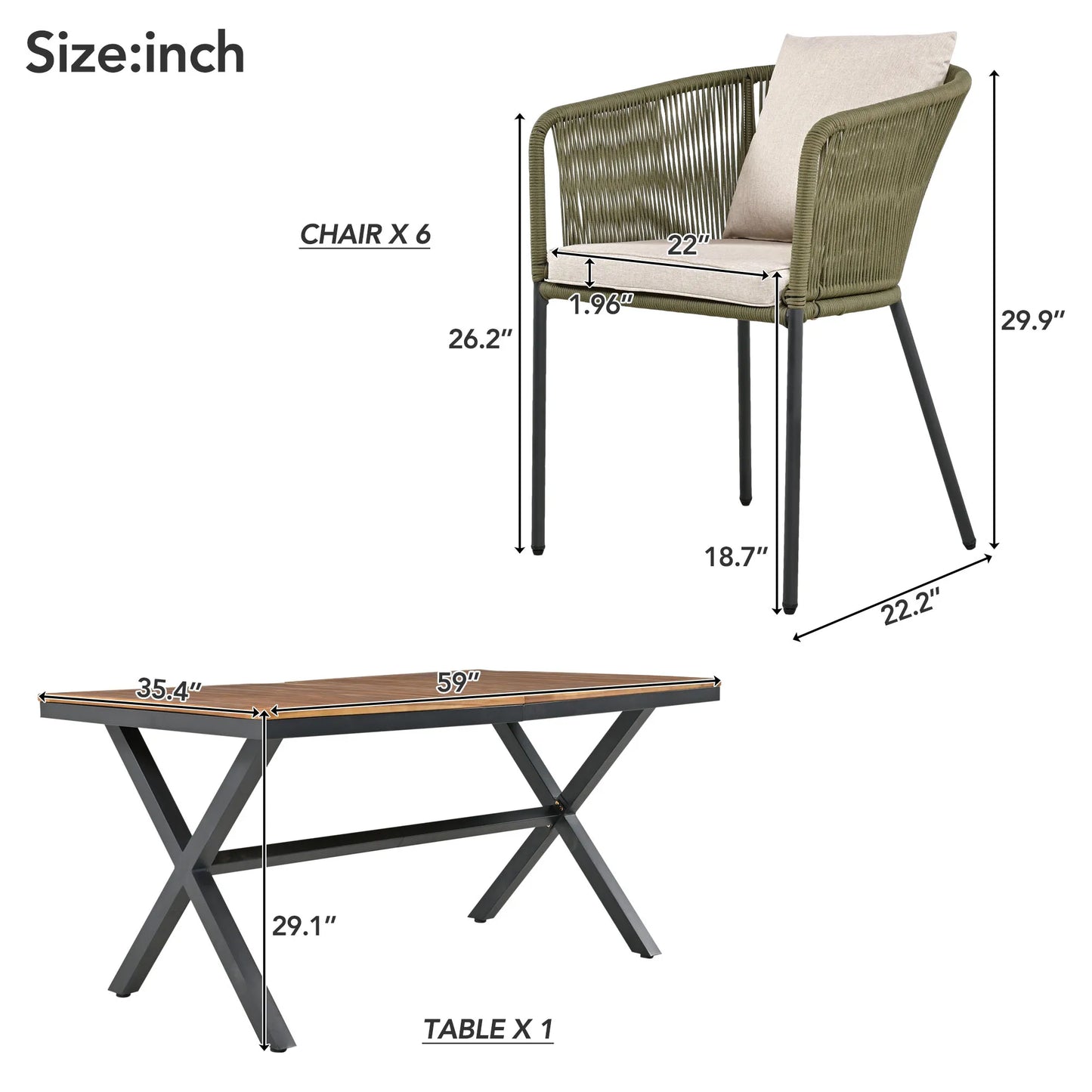 7 Pieces Patio Dining Set All Weather Outdoor Furniture Set with Acacia Wood Tabletop and Metal Frame