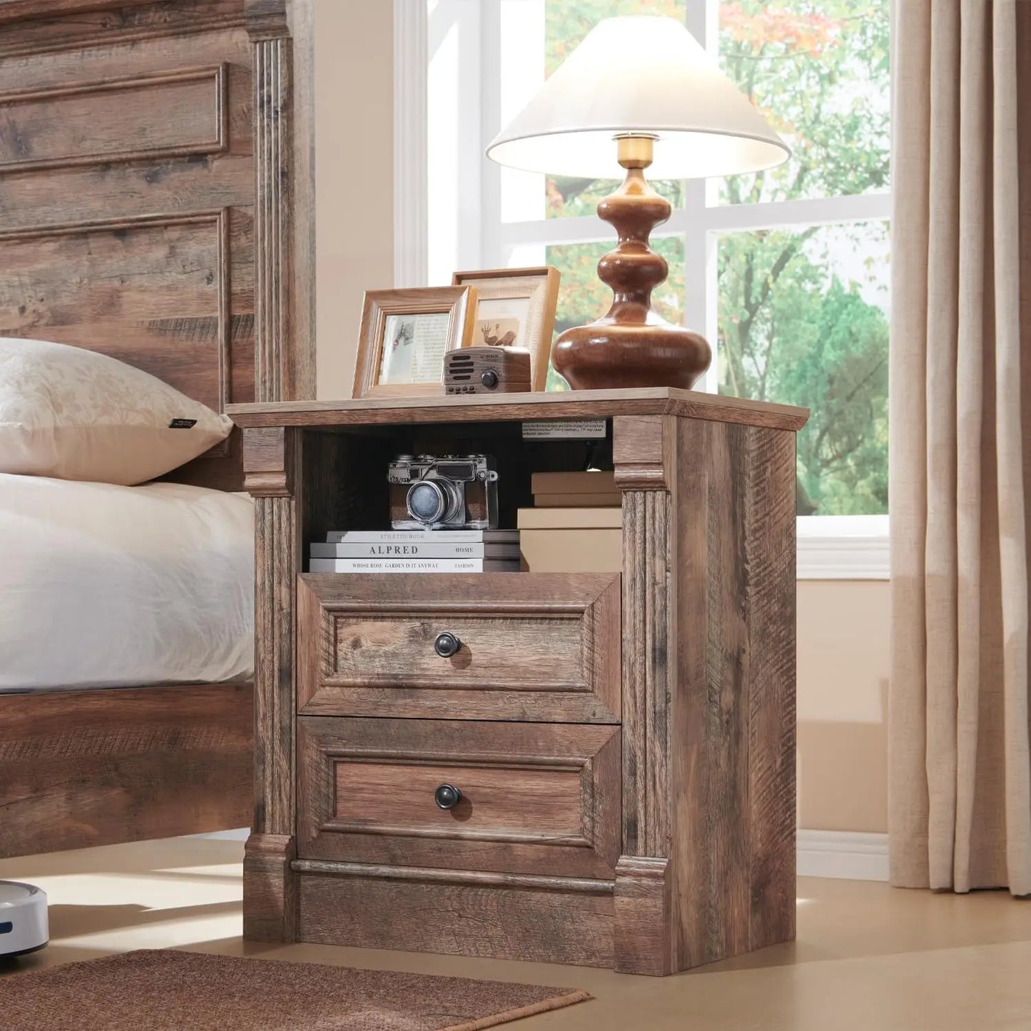 Elegant Wooden Side Table with Charging Station and Open Shelving