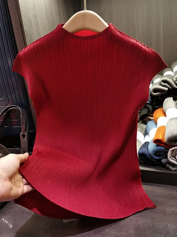 YUDXCN Women Pleated Top with Stand Up Collar