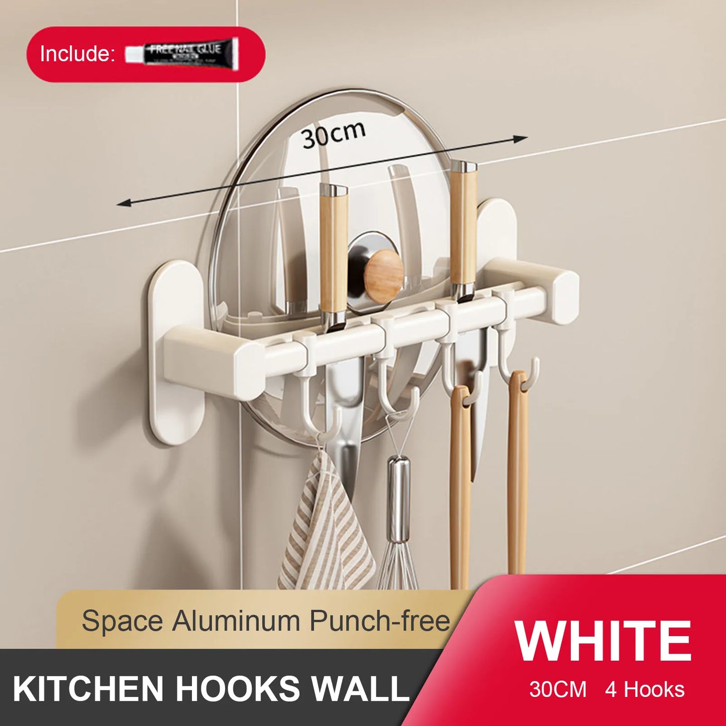 RUITHOEC Wall Mounted Kitchen Hook Rack No Punching Rail