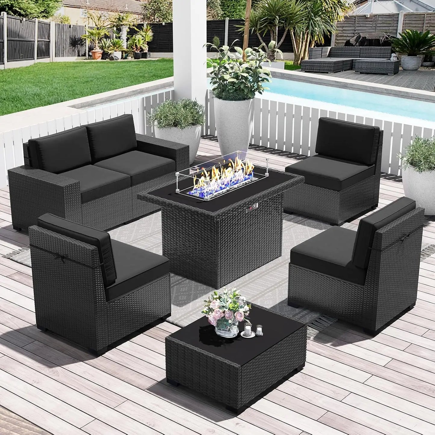 Outdoor Wicker Rattan Conversation Set With Fire Pit Table 15 Piece Patio Furniture Set