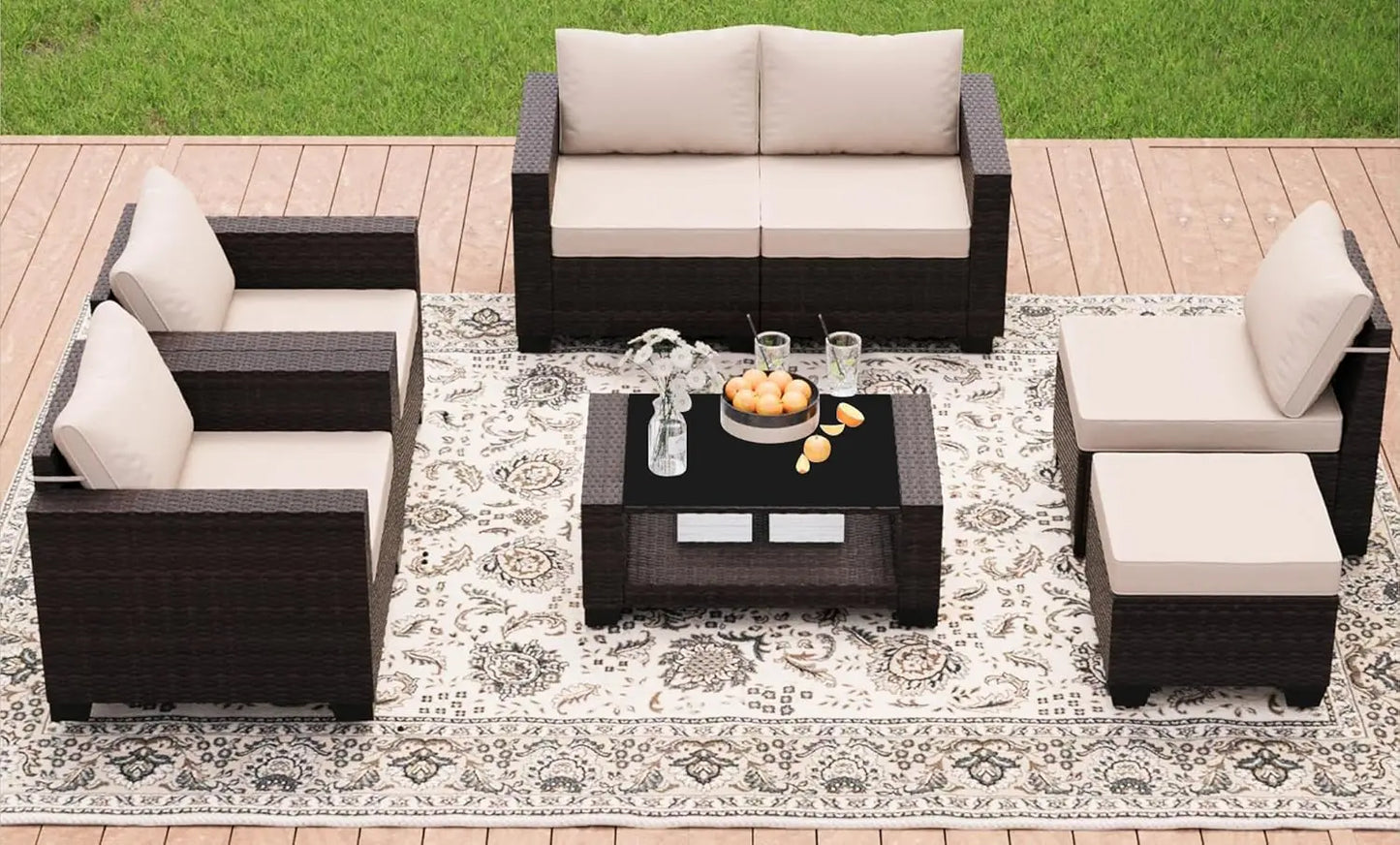 Patio Furniture Set 7 Pieces Conversation Set Wicker Outdoor Sectional Sofa Ergonomic Armrests Couch with Cushion