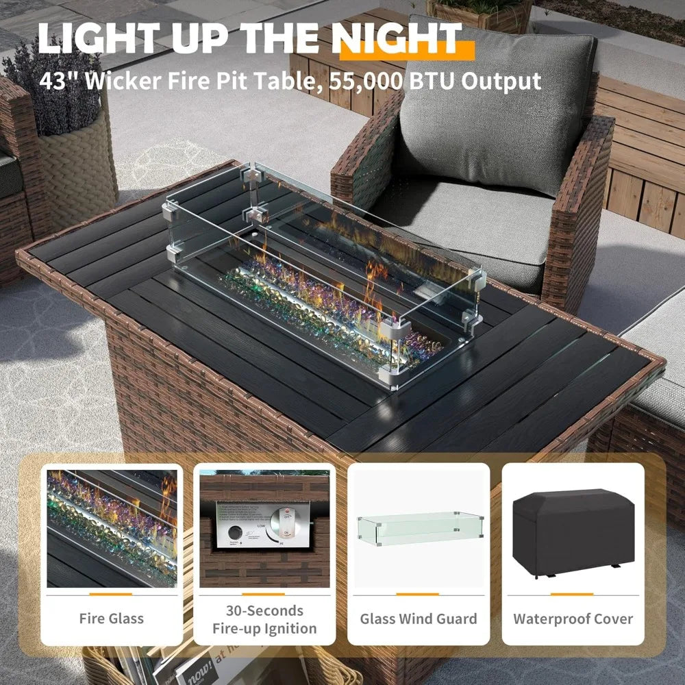 Outdoor Patio Furniture Set with 44 Inch Fire Pit Table for Garden Backyard Deck 6 Pieces Sectional Conversation Set