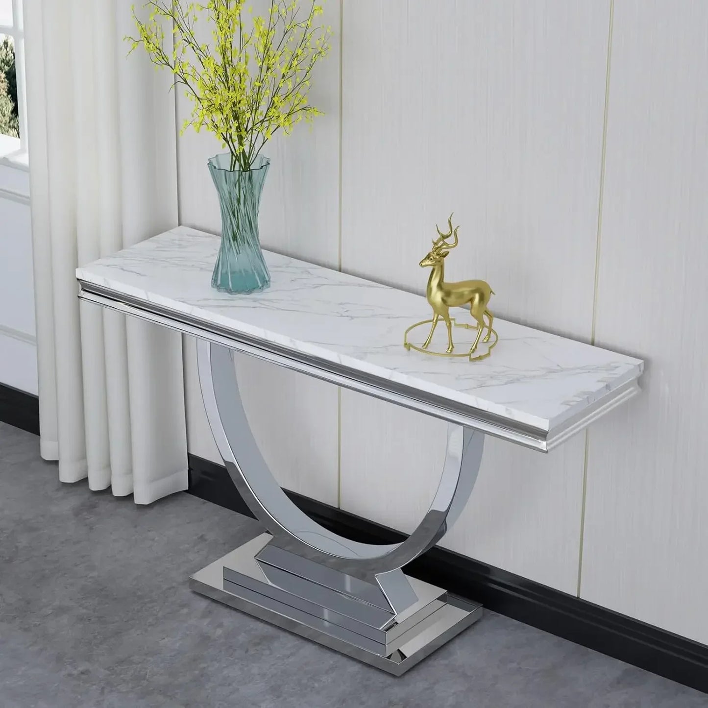 47 Inch Rectangular Coffee Table Modern White Faux Marble Cocktail Table with Silver Mirrored Finish U Shape Stainless Steel Base