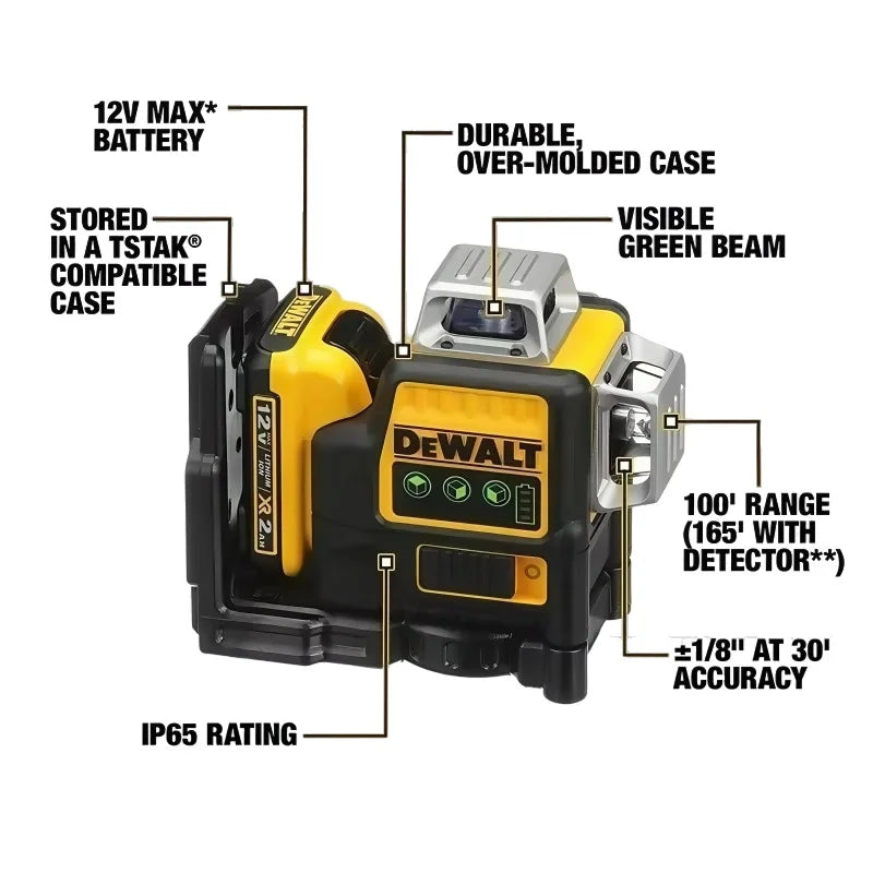 Dewalt DW089LG 3 Sides 360 Degree 12 Lines Laser Level Green Light Meter Outdoor Use 12V Battery