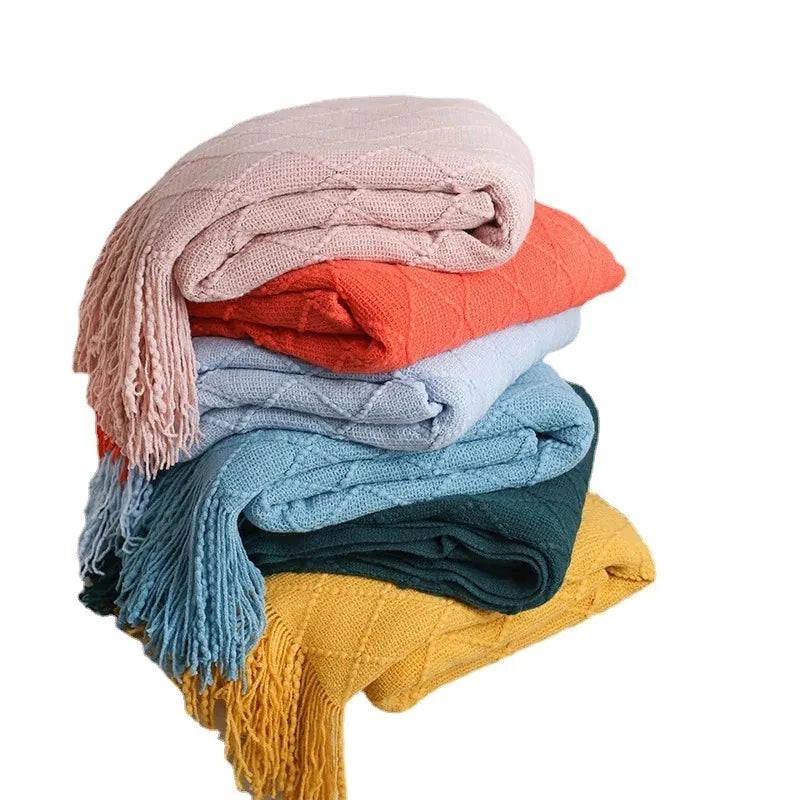 Nordic Knitted TV Blanket with Tassels Soft Fleece Throw Shawl for Sofa and Bed End Decor