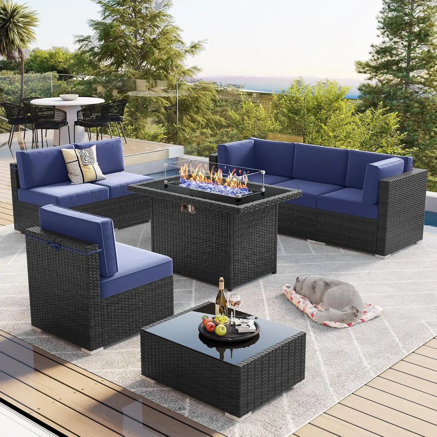 Outdoor Wicker Rattan Conversation Set With Fire Pit Table 15 Piece Patio Furniture Set