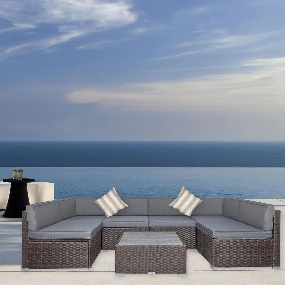 7 Piece Outdoor Patio Furniture Set with Cushions PE Rattan Wicker Sectional Conversation for Garden Deck Poolside