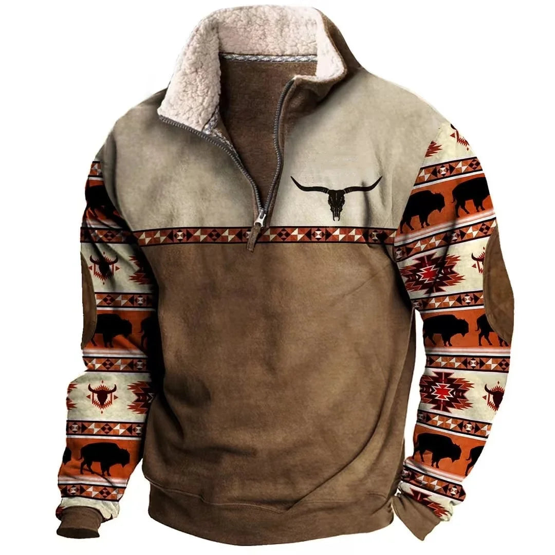 Mens Cowboy Sweatshirt Vintage Aztec Print Fleece Hoodie