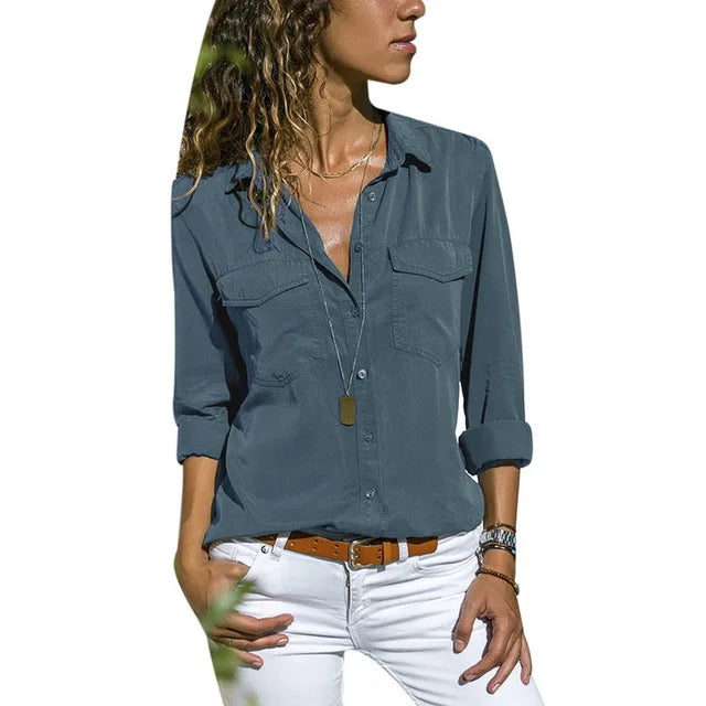 CYWANGCANCANCN Womens V Neck Long Sleeve Shirt With Pockets
