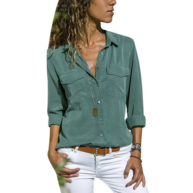 CYWANGCANCANCN Womens V Neck Long Sleeve Shirt With Pockets