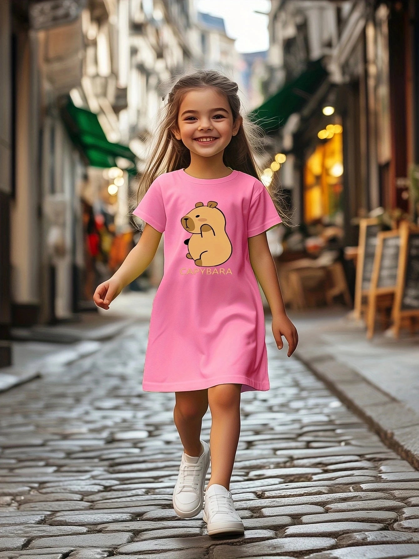 Girls Casual Dress with Capybara Cartoon Animal Print
