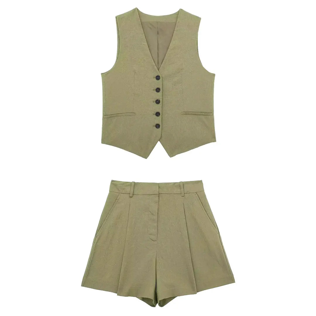 TRAFZA Women Casual Vintage Pant Suit Vest Shorts Set