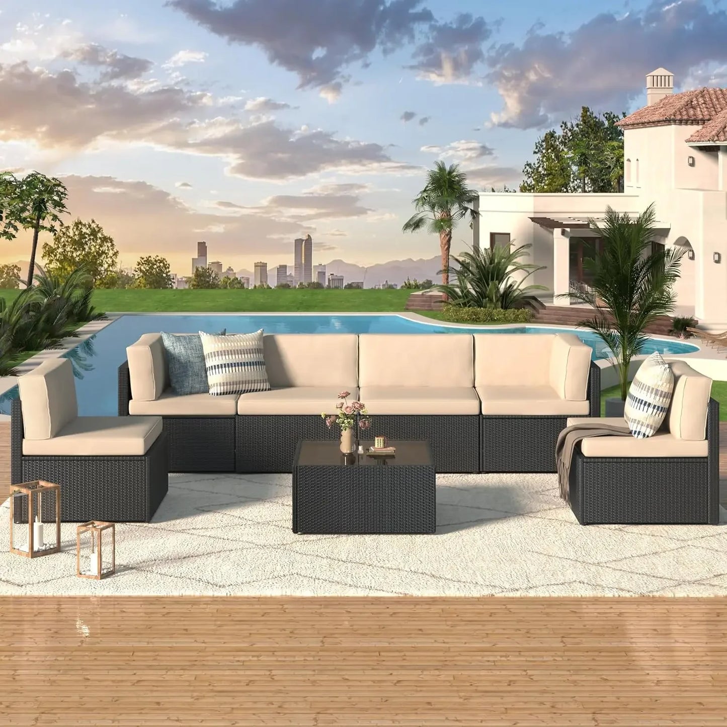 7 Piece Outdoor Patio Furniture Set PE Rattan Grey Wicker Sectional Chair Set with Cushion