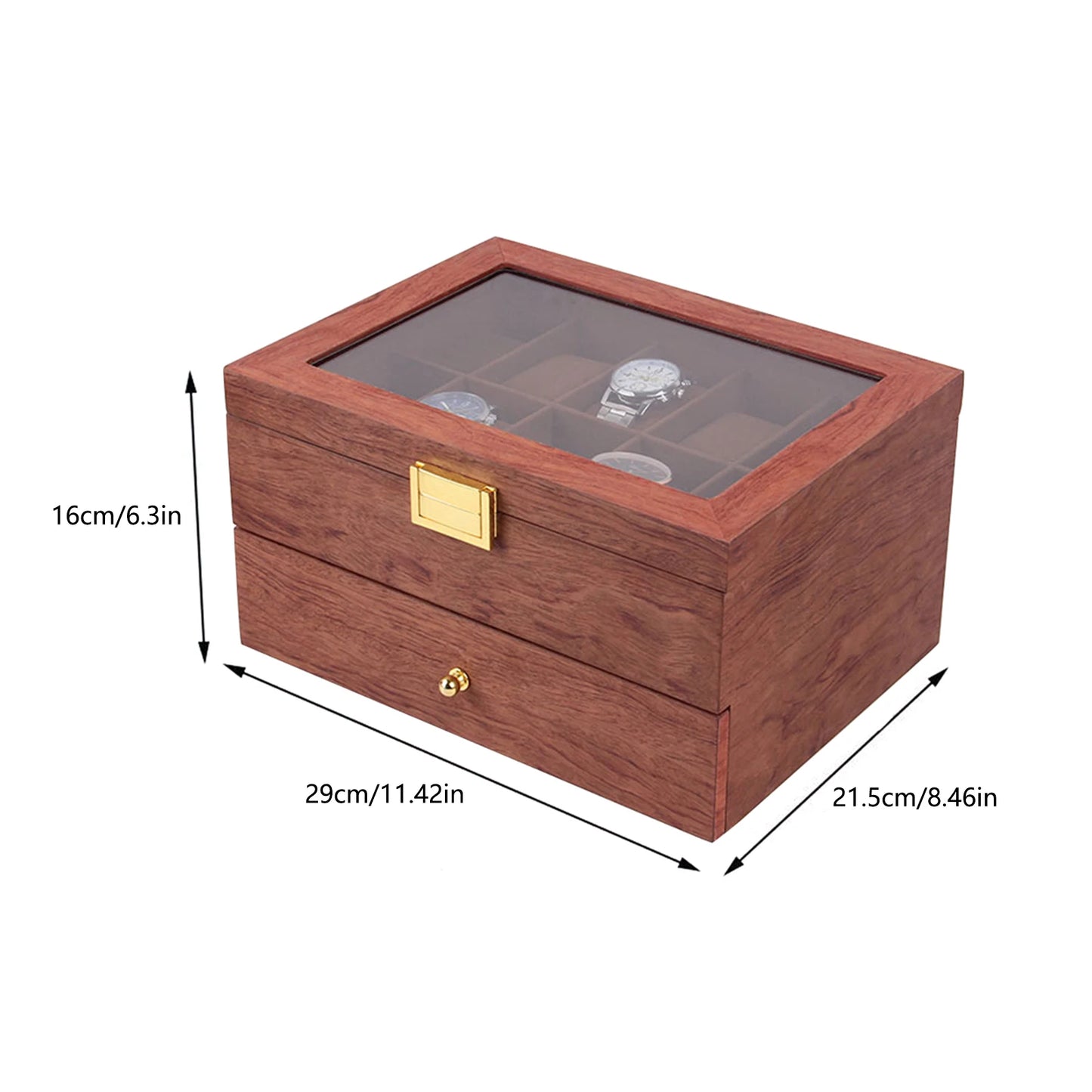Elegant 2-Tier Wooden Watch Box with Glass Cover and Compartments