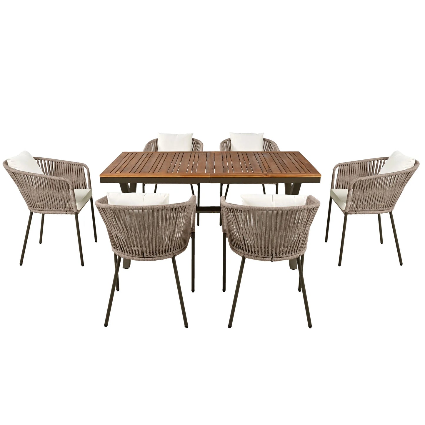 7 Pieces Patio Dining Set All Weather Outdoor Furniture Set with Acacia Wood Tabletop and Metal Frame