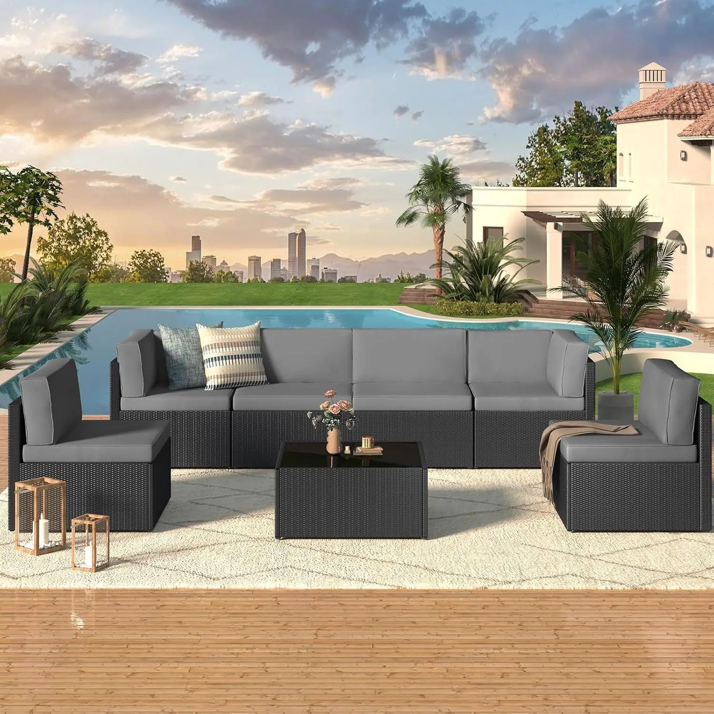7 Piece Outdoor Patio Furniture Set PE Rattan Grey Wicker Sectional Chair Set with Cushion