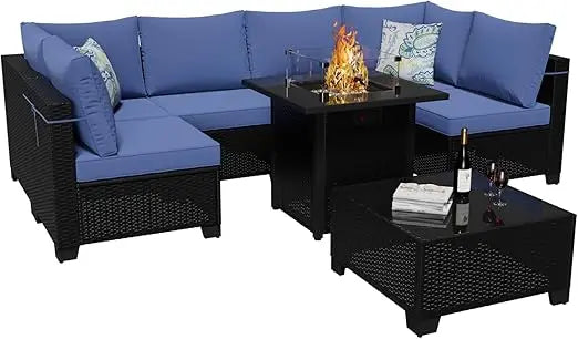 8 Pieces Outdoor Sectional Furniture Rattan Wicker Patio Sofa Couch with 28 Inch Gas Fire Pit Table Conversation Set for Backyard