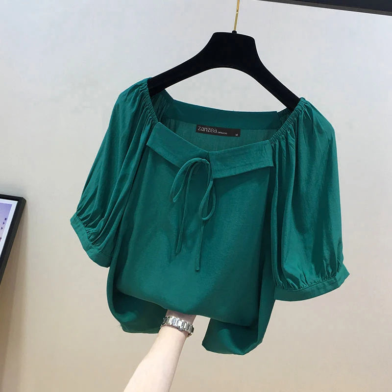 ZANZEA Korean Style Square Collar Lace-Up Blouse