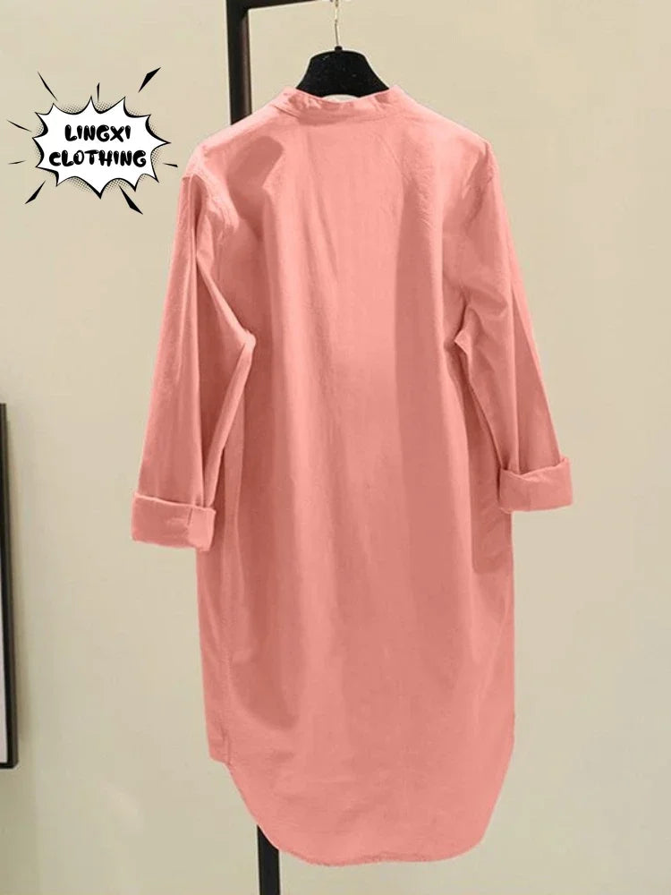 GPBDCN Cotton Linen Womens Shirt Single Breasted Round Neck