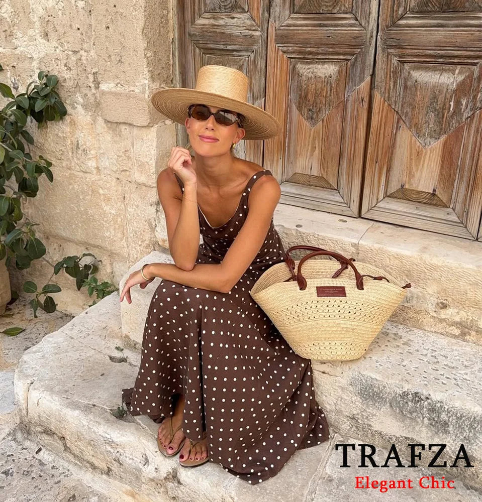 TRAFZA Vintage Polka Dot Suspender Midi Dress For Women