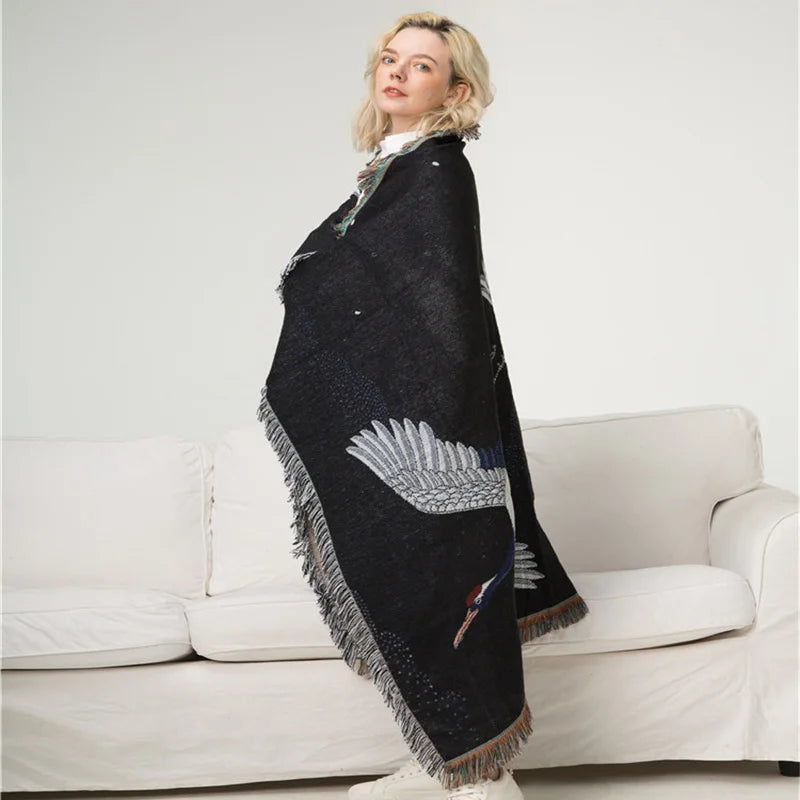 Textile City Ins Red Crowned Crane Retro Throw Blanket Ukiyo-e Auspicious Clouds Tapestry Heavy Quality Backrest Towel