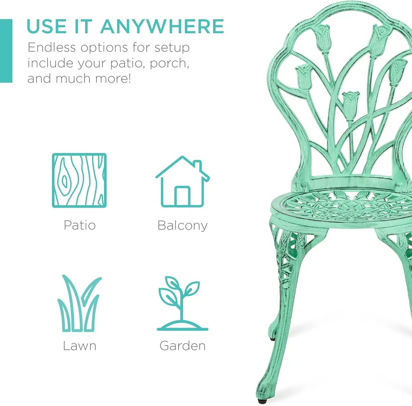 3 Piece Outdoor Rust Resistant Cast Aluminum Patio Bistro Set with Tulip Design Teal
