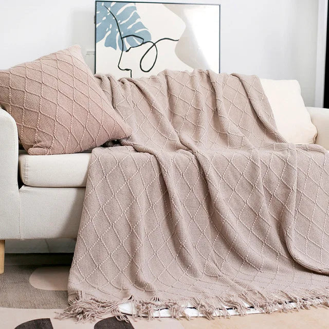 Nordic Knitted TV Blanket with Tassels Soft Fleece Throw Shawl for Sofa and Bed End Decor