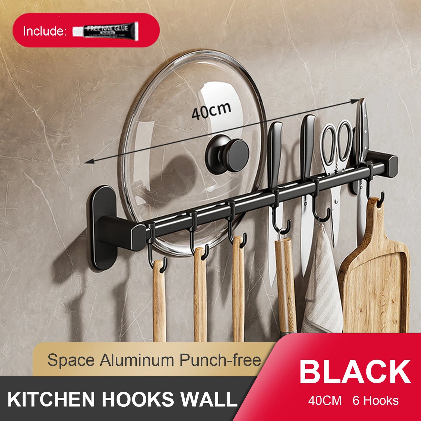 RUITHOEC Wall Mounted Kitchen Hook Rack No Punching Rail