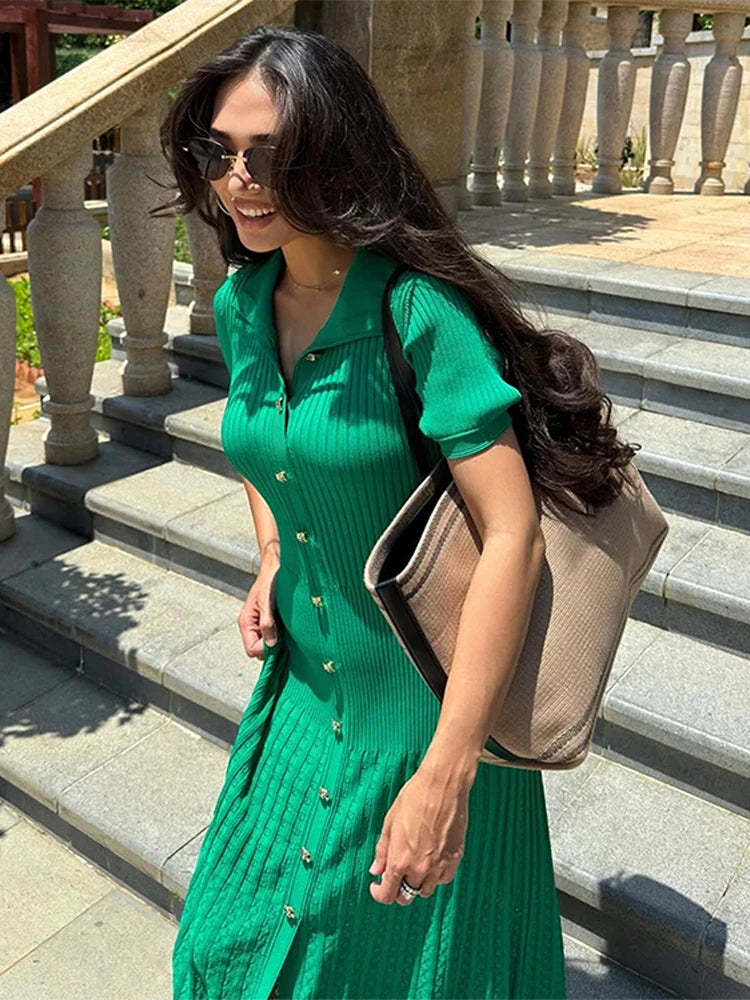 EBSTLCN Elegant Knitted Dress Women O Neck Short Sleeve