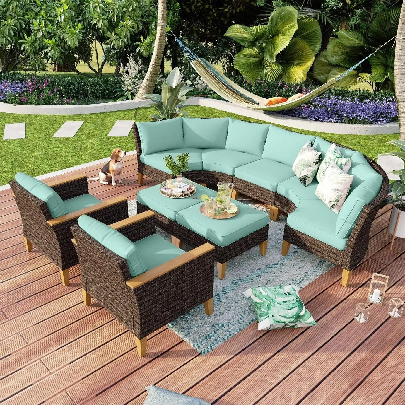 9 Piece Wicker Patio Furniture Set with 56 Inch Fire Pit Table All Weather PE Rattan Patio Sectional Sofa Conversation Set