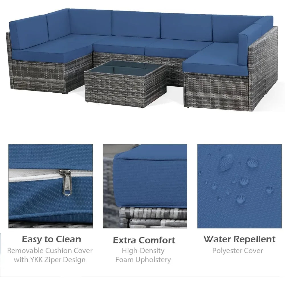 7 Piece Outdoor Patio Furniture Set PE Rattan Grey Wicker Sectional Chair Set with Cushion