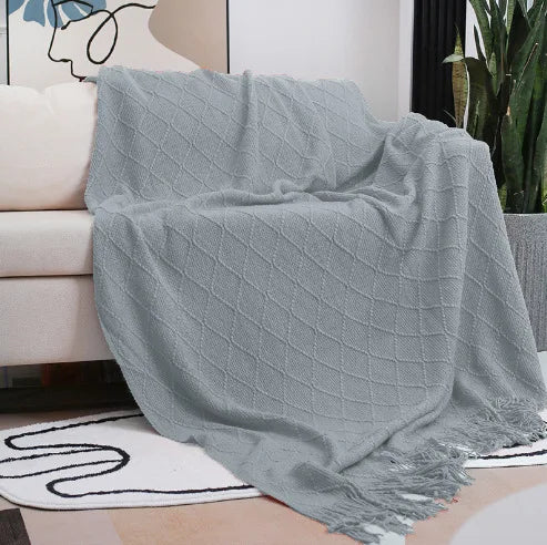 Nordic Knitted TV Blanket with Tassels Soft Fleece Throw Shawl for Sofa and Bed End Decor