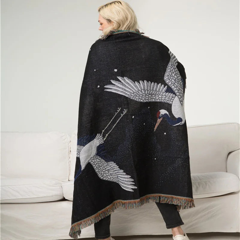 Textile City Ins Red Crowned Crane Retro Throw Blanket Ukiyo-e Auspicious Clouds Tapestry Heavy Quality Backrest Towel