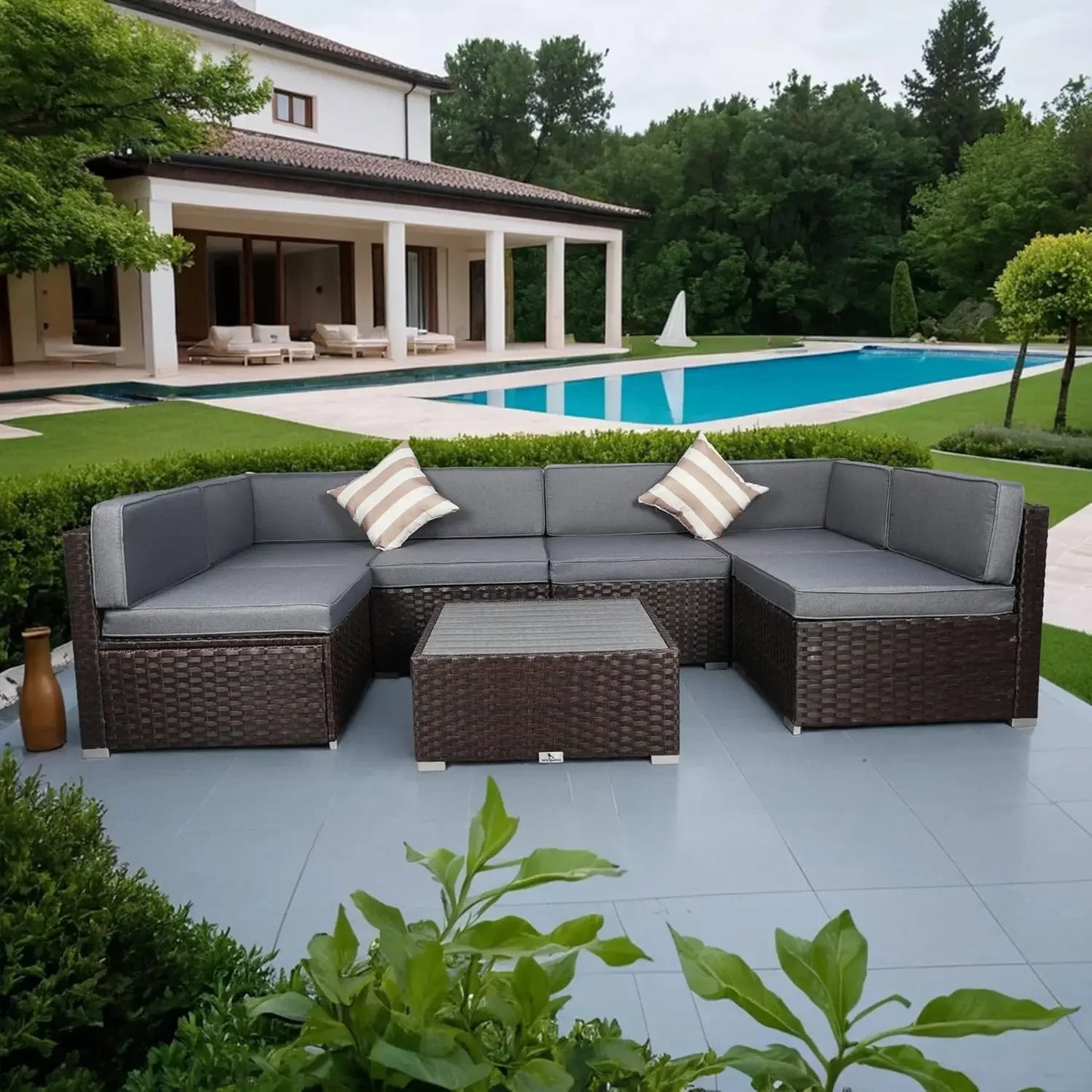 7 Piece Outdoor Patio Furniture Set with Cushions PE Rattan Wicker Sectional Conversation for Garden Deck Poolside