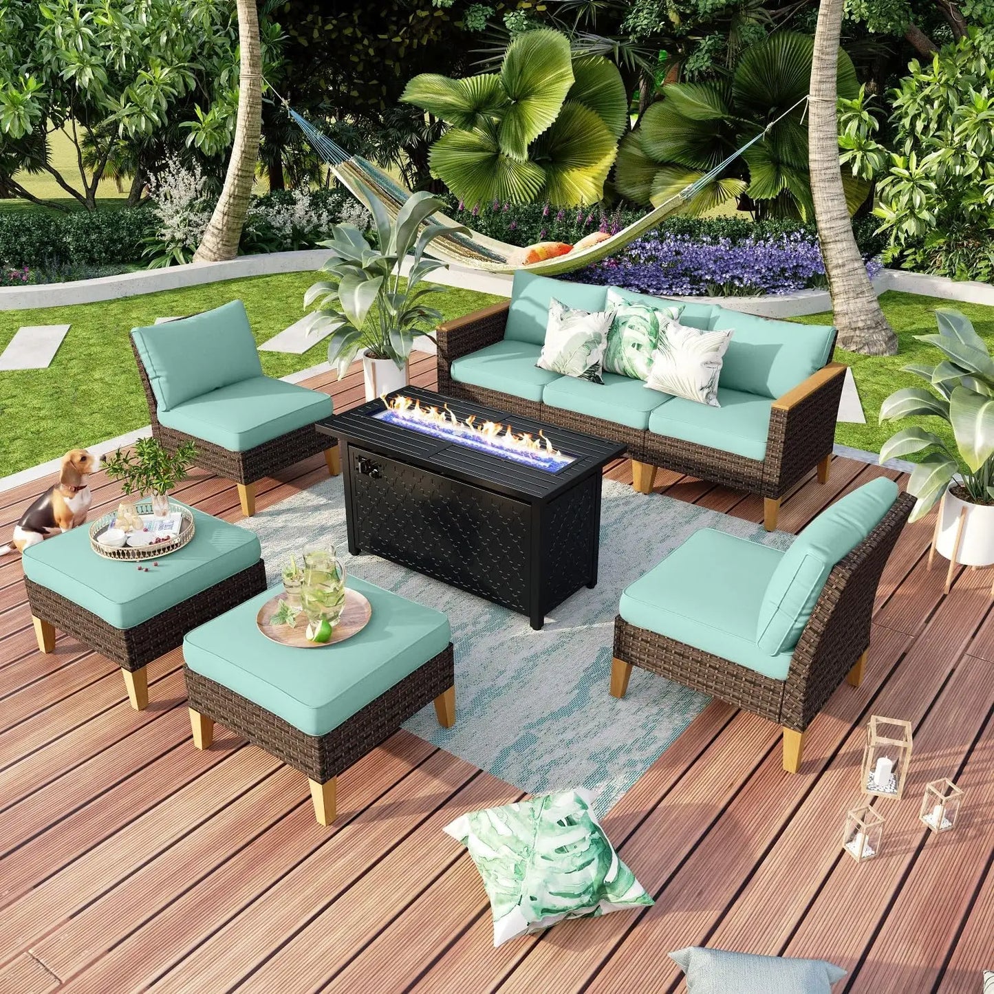 9 Piece Wicker Patio Furniture Set with 56 Inch Fire Pit Table All Weather PE Rattan Patio Sectional Sofa Conversation Set