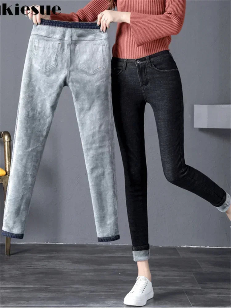 YUKIESUECN Women Warm Thick Denim Jeans High Waist Fleece