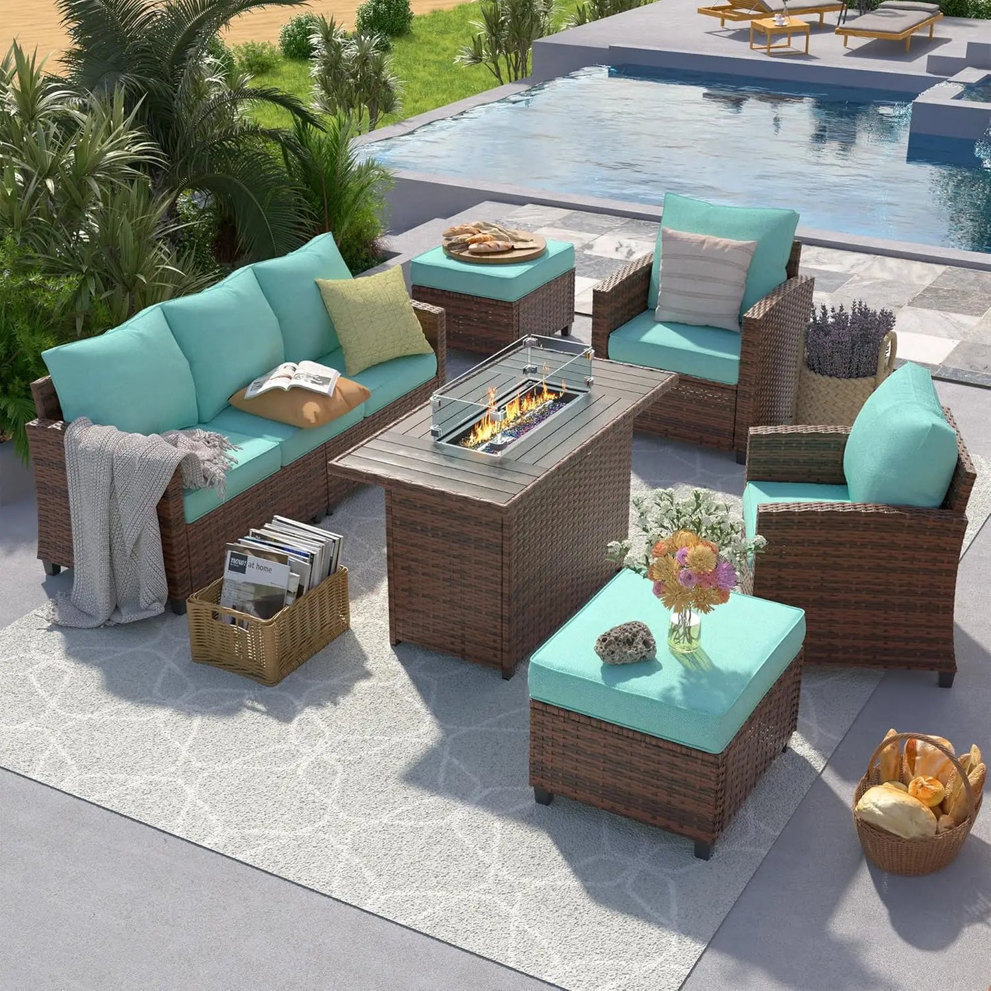 Outdoor Patio Furniture Set with 44 Inch Fire Pit Table for Garden Backyard Deck 6 Pieces Sectional Conversation Set